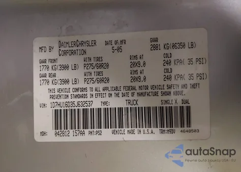 2005 Dodge Ram 1500 Slt/Laramie z USA, uszkodzony, nr VIN 1D7HU16D35J632537